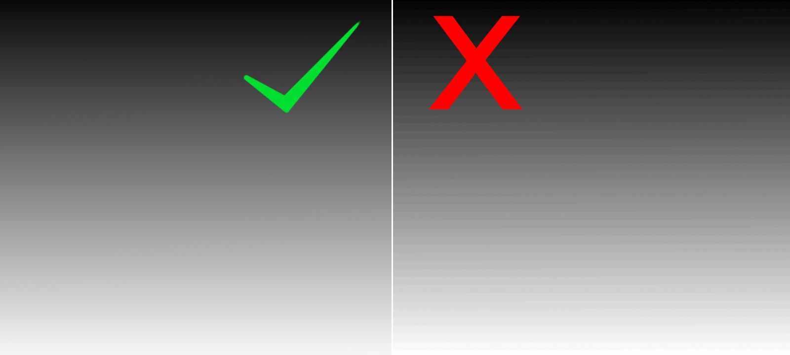 Side-by-side gradient comparison — left smooth (good), right with visible banding (bad)